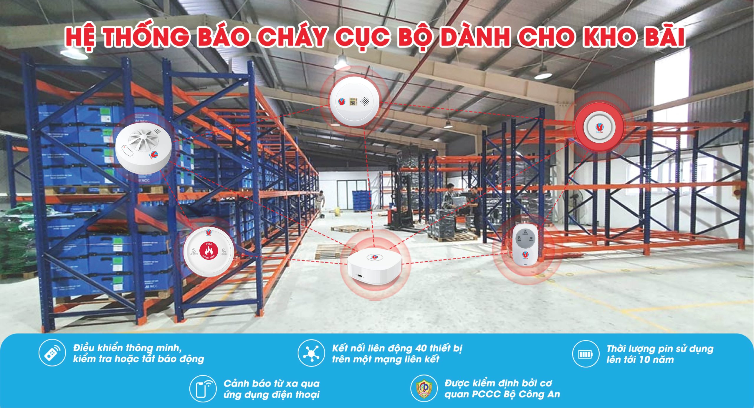 Bảng mô phỏng lắp đặt hệ thống báo cháy Safefire dành cho kho bãi